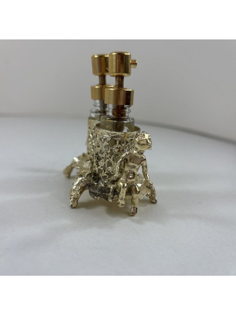 Vintage Cherub Perfume Glass Bottle Set Gold Filigree Holder SF Hollywood Reg - Picture 3 of 9